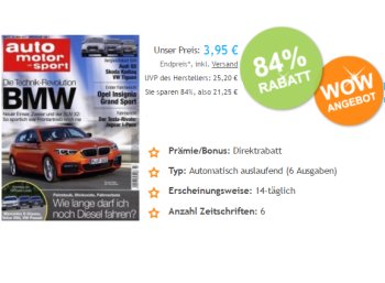 Auto Motor Sport: Sechs Ausgaben mit automatischen Abo-Ende für 3,95 Euro