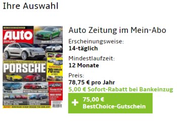 Auto Zeitung: Jahresabo für 73,75 Euro mit Bestchoice-Gutschein über 75 Euro