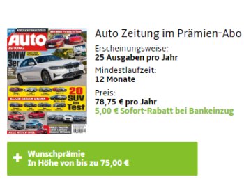 "Auto Zeitung": Jahresabo für 73,75 Euro mit Gutschein über 75 Euro