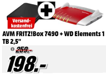 Mediamarkt: Bundle aus Fritzbox 7490 und WD Elements mit einem TByte für 198 Euro