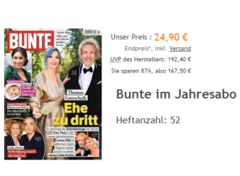 Bunte: Jahresabo zum Direktpreis von 24,90 Euro für 52 Ausgaben