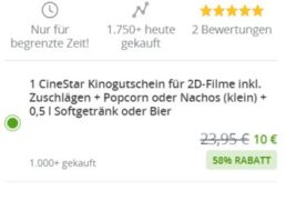 Cinestar: Kinogutschein mit Popcorn und Getränk für 10 Euro