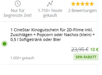 Cinestar: Kinogutschein mit Popcorn und Getränk für 10 Euro