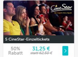 Dailydeal: Fünferpack Kinotickets von Cinestar für 31,25 Euro