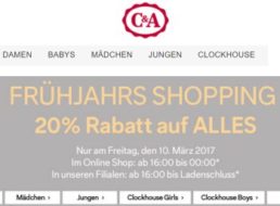 C&A: 20 Prozent Rabatt auf alles bis Mitternacht