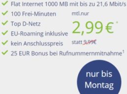 D-Netz-Flat: 1000 MByte und 100 Freiminuten für 2,99 Euro im Monat