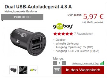 Druckerzubehoer.de: USB-Autoladegerät für 5,97 Euro frei Haus