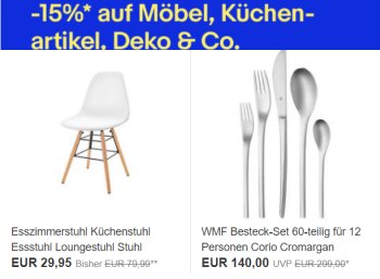 Ebay: 15 Prozent Rabatt auf Möbel, Küchenartikel und Deko