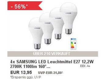 Ebay: Viererpack Samsung-LEDs als Ersatz für 75-Watt-Birnen für 13,95 Euro