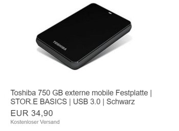 Ebay: Externe Festplatte von Toshiba mit 750 GByte als B-Ware für 34,90 Euro