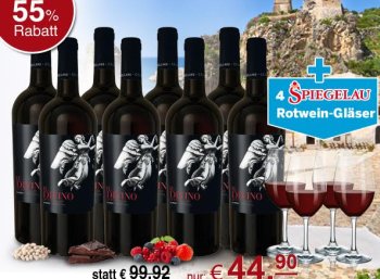 Ebrosia: Achterpaket "Il Divino Syrah" mit vier Spiegelau-Gläsern für 44,90 Euro