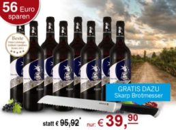 Ebrosia: Achterpaket Primitivo Selezione del Re 2012 mit Brotmesser für 39,90 Euro