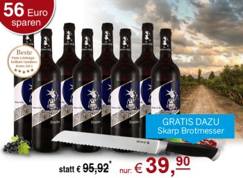 Ebrosia: Achterpacket Primitivo Selezione del Re 2012 mit Brotmesser für 39,90 Euro