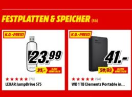 Mediamarkt: TByte-Festplatte inklusive USB-Stick für 41 Euro frei Haus