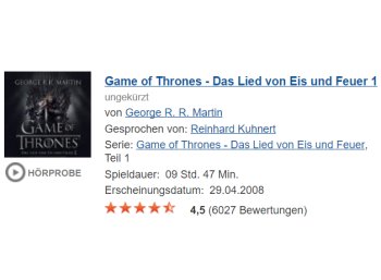 Gratis: Hörbuch "Game of Thrones" mit 9 Stunden bei Audible für 0 Euro