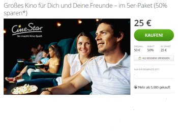 Cinestar: Kinotickets im Fünferpack für 25 Euro via Groupon