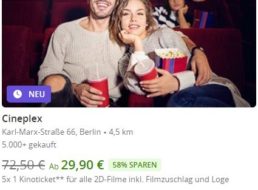 Groupon: 5er-Pack Kinotickets bei Cineplex für 29,90 Euro