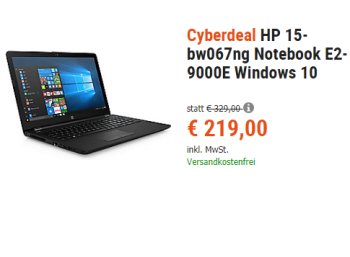 Cyberport: HP 15-bw067ng mit bis zu 11,5 Stunden Laufzeit für 219 Euro frei Haus