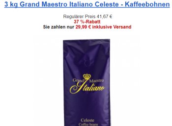 Kaffeevorteil: Drei Kilo Kaffeebohnen "Grand Maestro Italiano Celeste" für 29,99 Euro