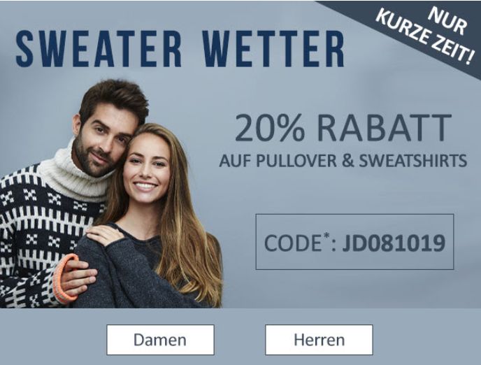 Jeans Direct: 20 Prozent Rabatt auf bereits reduzierte Markenpullis (Bild: Jeans-Direct.de)