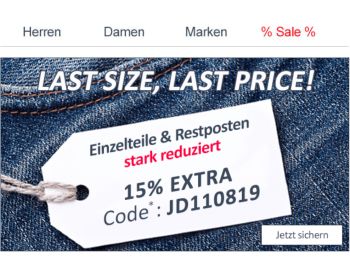 Jeans Direct: Restposten mit 15 Prozent Extra-Rabatt