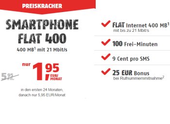 Klarmobil: Smartphone Flat 400 im D-Netz für 1,95 Euro im Monat