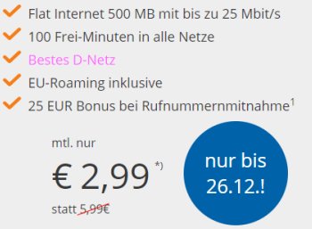 Wieder da: D-Netz-Flat mit 100 Minuten und 500 MByte für 2,99 Euro