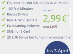 Klarmobil: Datenflat im D-Netz mit 400 MByte und 100 Freiminuten für 2,99 Euro