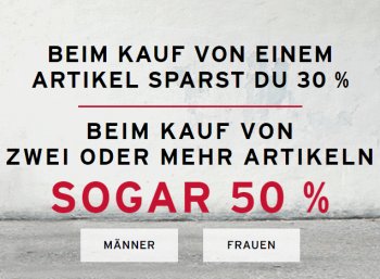 Levis: 50 Prozent Rabatt ab zwei Artikeln, 30 Prozent bei einem