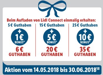 – Guthaben-Aufladung Bonus Connect: 25 Euro über Lidl Euro 10 bei