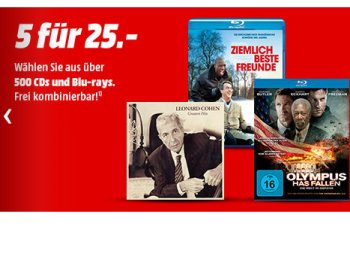 Mediamarkt: Fünf Blu-rays oder CDs nach Wahl für 25 Euro