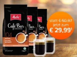 Melitta: Drei Kilo Kaffeebohnen "Bar Selection" inkl. 2 Gläsern für 29,99 Euro