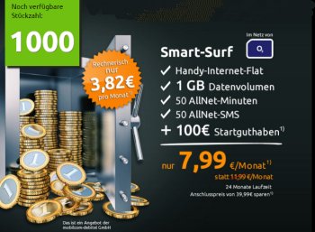 O2 Smart Surf: 1 GByte Daten, 50 SMS & 50 Minuten für zusammen 3,82 Euro im Monat