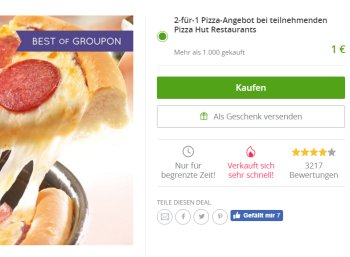 Pizza Hut: Zwei zum Preis von einer via Groupon-Gutschein (Bild: Groupon.de)