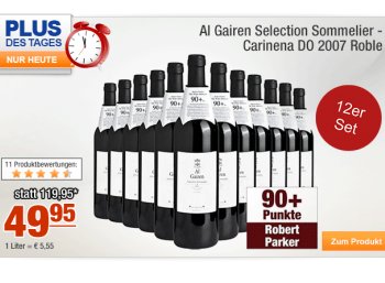 Zwölf Flaschen "Carinena DO 2007 Roble" mit 90 Parker-Punkten für 49,95 Euro