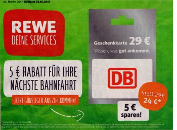 Rewe: Fünf Euro Bahn-Rabatt via Geschenkekarte