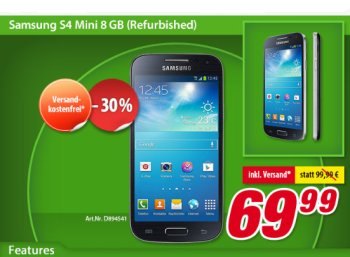 Völkner: Samsung Galaxy S4 Mini als B-Ware für 69,99 Euro frei Haus