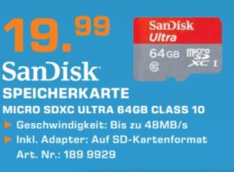 Saturn: Sandisk MicroSDXC-Card mit 64 GByte für 19,99 Euro