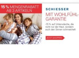 Schiesser: 15 Prozent Rabatt & Gratis-Versand beim Kauf von drei Teilen