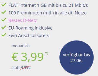 D-Netz: Flat mit 100 Minuten und einem GByte für 3,99 Euro im Monat