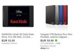 Ebay: Externe Festplatte mit zwei TByte für 59,99 Euro, SSD für 55 Euro