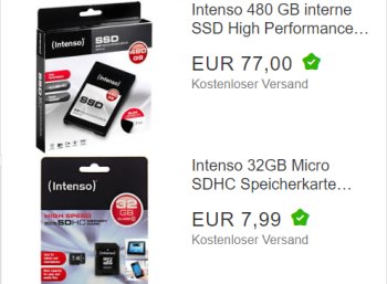 Ebay: SSD mit 480 GByte für 77 Euro, SDHC-Karte mit 32 GByte für 7,99 Euro