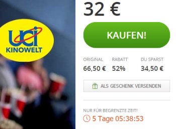 Cinestar: Kinotickets im Fünferpack für 32 Euro bei Groupon