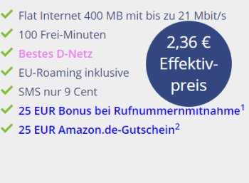 Klarmobil: D-Netz-Flat mit 400 MByte und 100 Freiminuten für 2,36 Euro