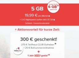 Tarifhaus: 5 GByte LTE, Allnet- & SMS-Flat für effektiv 12,49 Euro