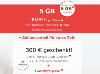 Tarifhaus: 5 GByte LTE, Allnet- & SMS-Flat für effektiv 12,49 Euro