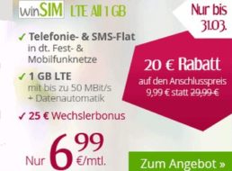 WinSIM: LTE-Flat (1 GByte) mit Allnet- und SMS-Flat für 6,99 Euro