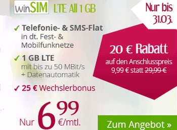 WinSIM: 1 GByte LTE, Allnet- und SMS-Flat für 6,99 Euro